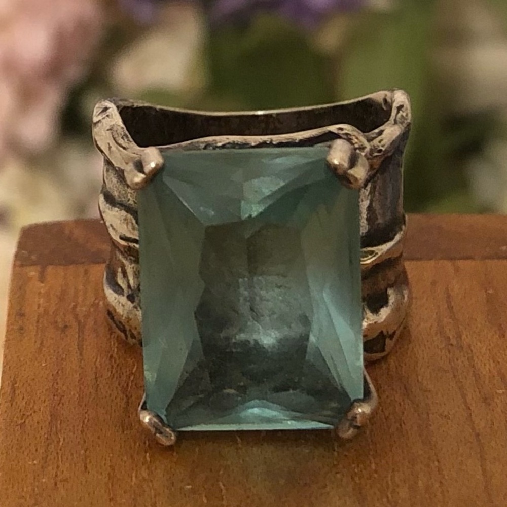 Vintage Silpada Sterling Silver Aqua Glass Statement Ring R1608 Size 5 3/4